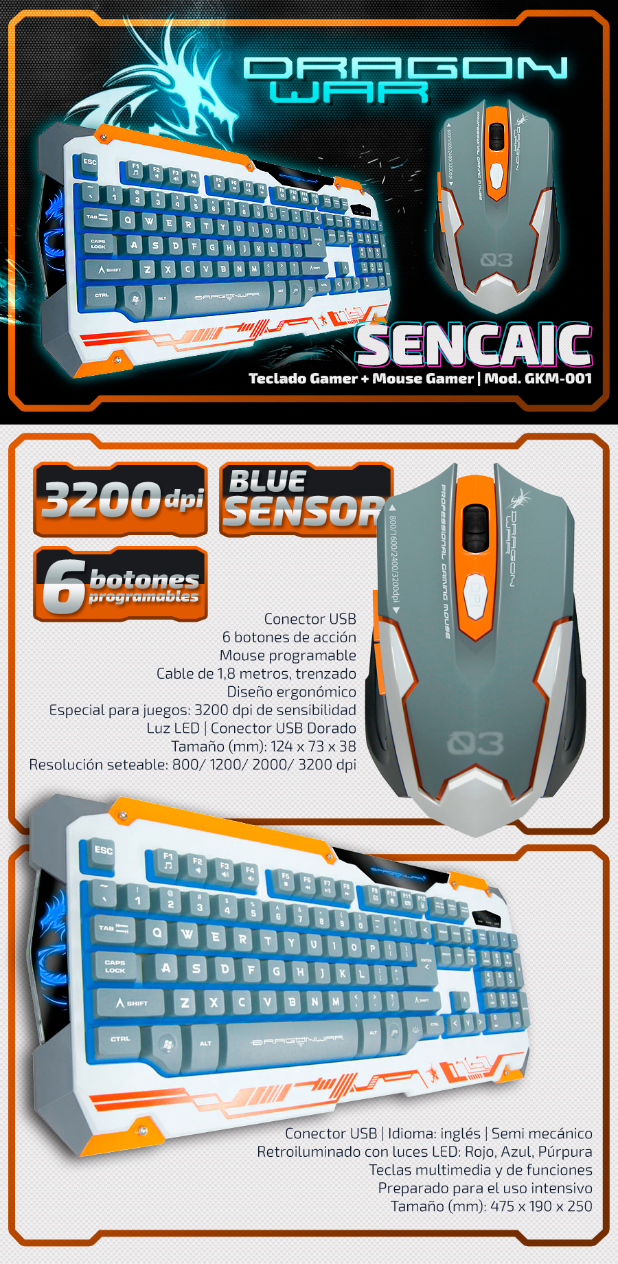 DragonWar Sencaic Combo GKM-001 USB Blanco